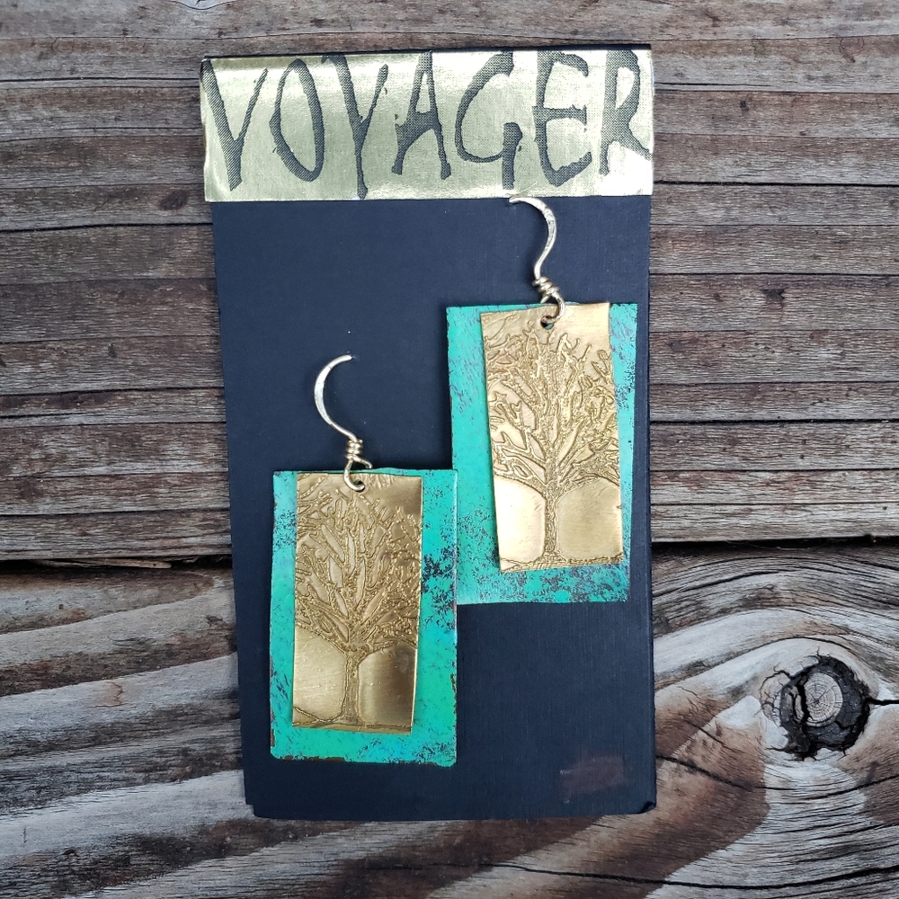 Handcrafted Copper Earrings - Rectangle Layered Pieces With Trees & Patina
